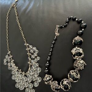 Vintage, chunky Black Beaded Statement Necklace and clear beaded teardrop set.